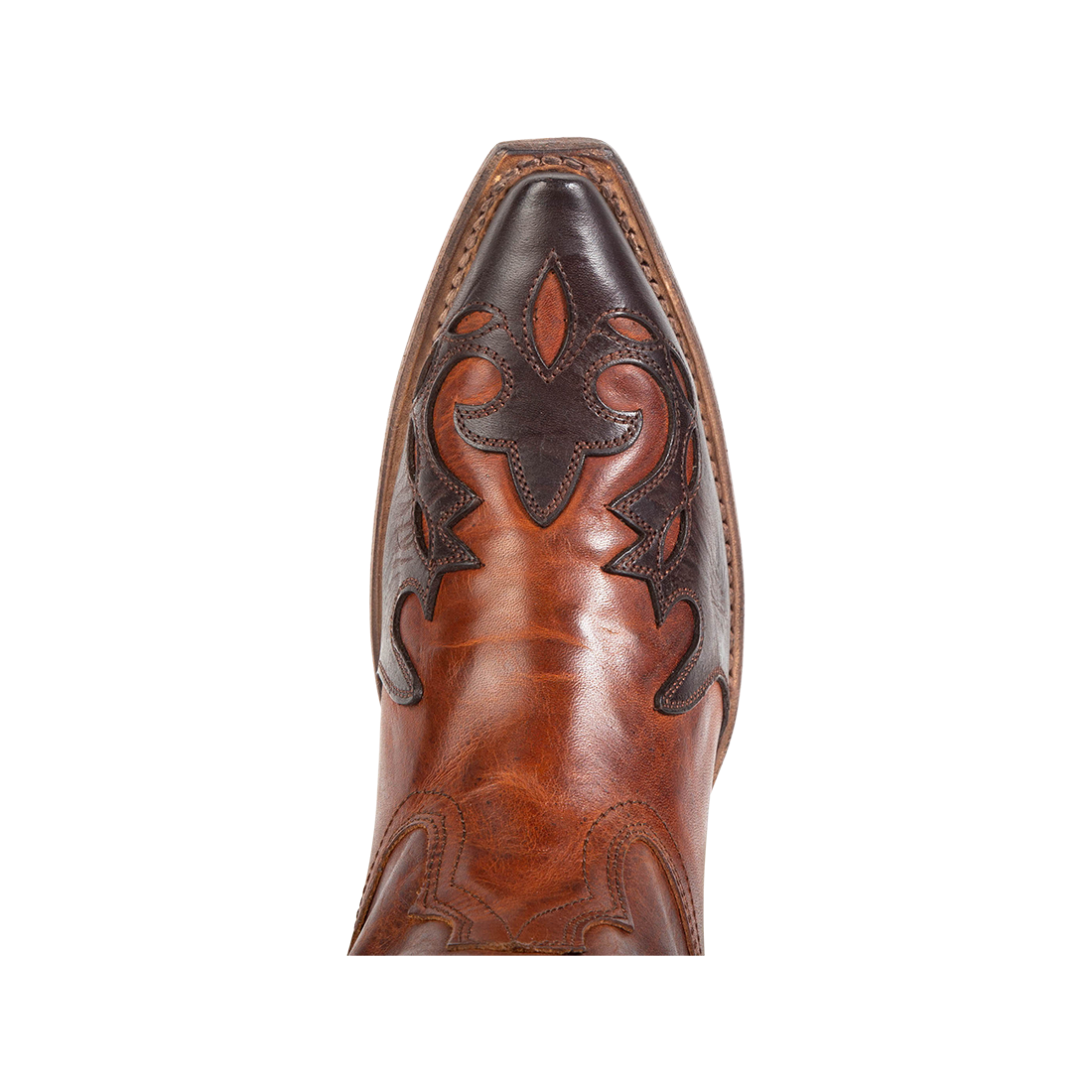 Top view showing snip toe construction with stitch detailing on FREEBIRD women's Willie cognac mutli western leather boot