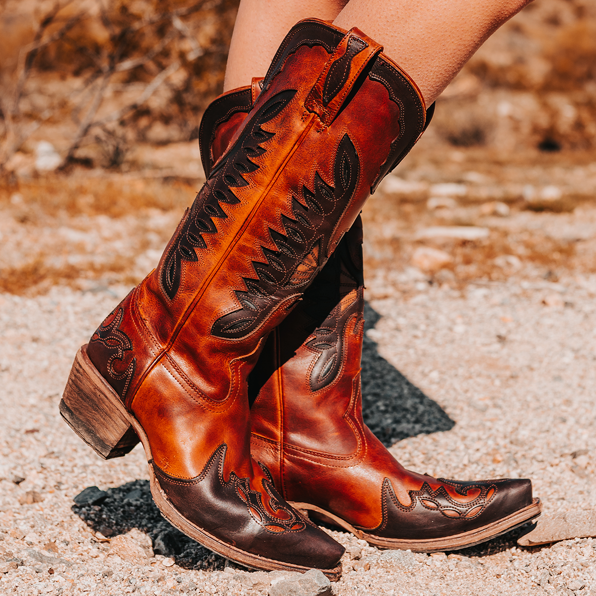 FREEBIRD women's Willie cognac multi leather western boot with textured design, stitch detailing, and snip toe construction
