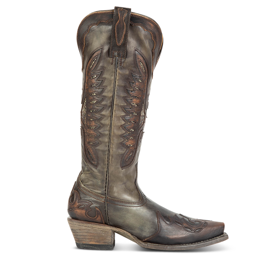 FREEBIRD women's Willie green multi leather western boot with textured design, stitch detailing, and snip toe construction