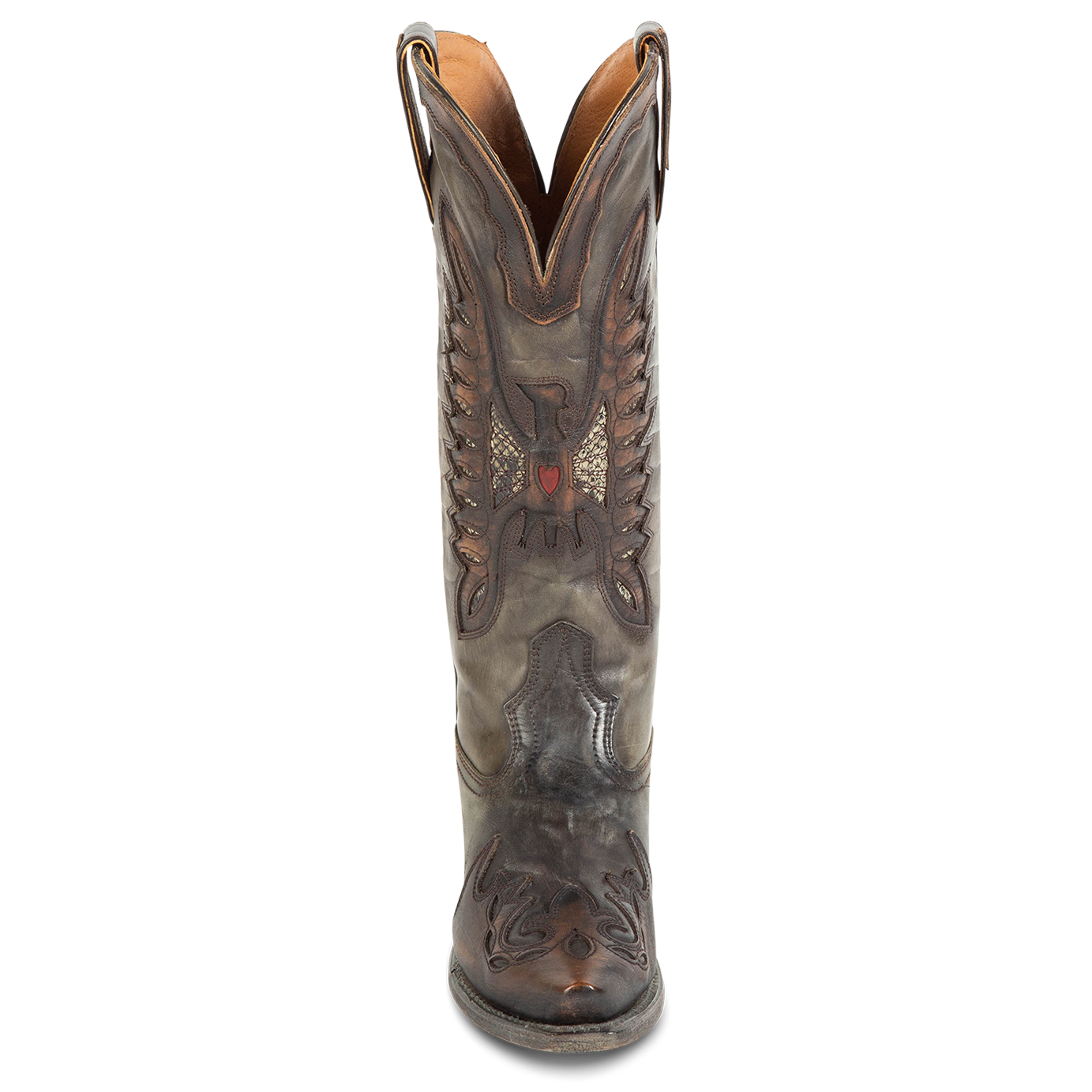 Front view showing textured bird design, stitch detailing and front dip on FREEBIRD women's Willie green multi western leather boot