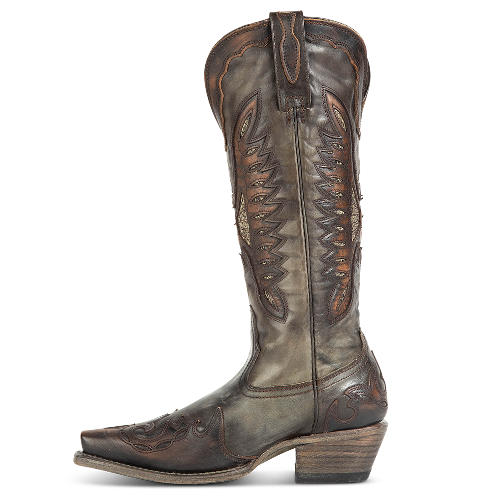 Side view showing textured design, stitch detailing and pull straps on FREEBIRD women's Willie green multi western leather boot