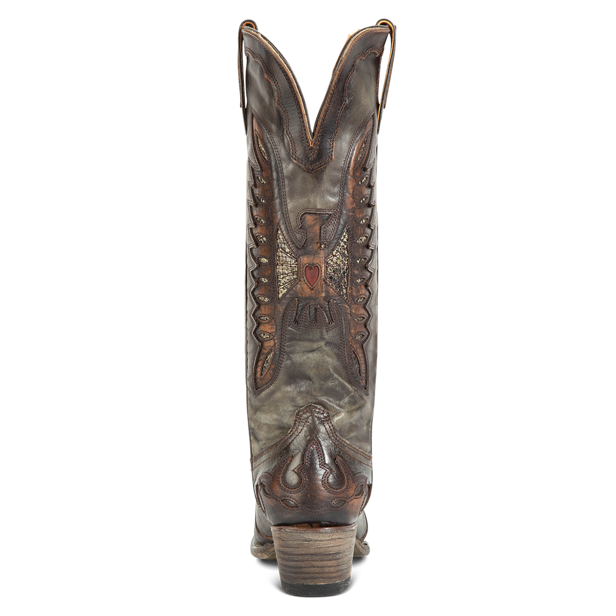 Back view showing textured bird design, stitch detailing and back dip on FREEBIRD women's Willie green multi western leather boot