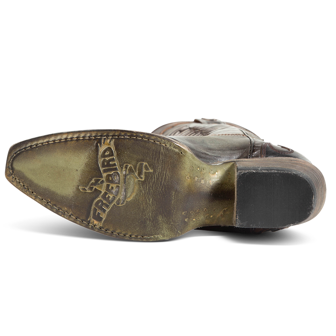 Leather sole imprinted with FREEBIRD on women's Willie green multi western leather boot