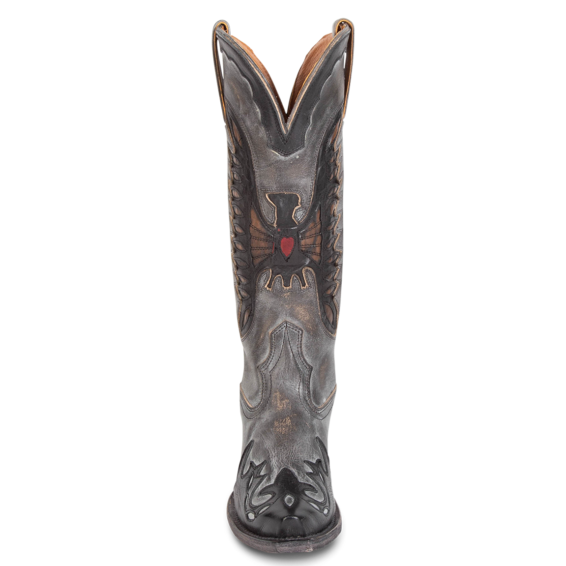 Front view showing textured bird design, stitch detailing and front dip on FREEBIRD women's Willie ice multi western leather boot