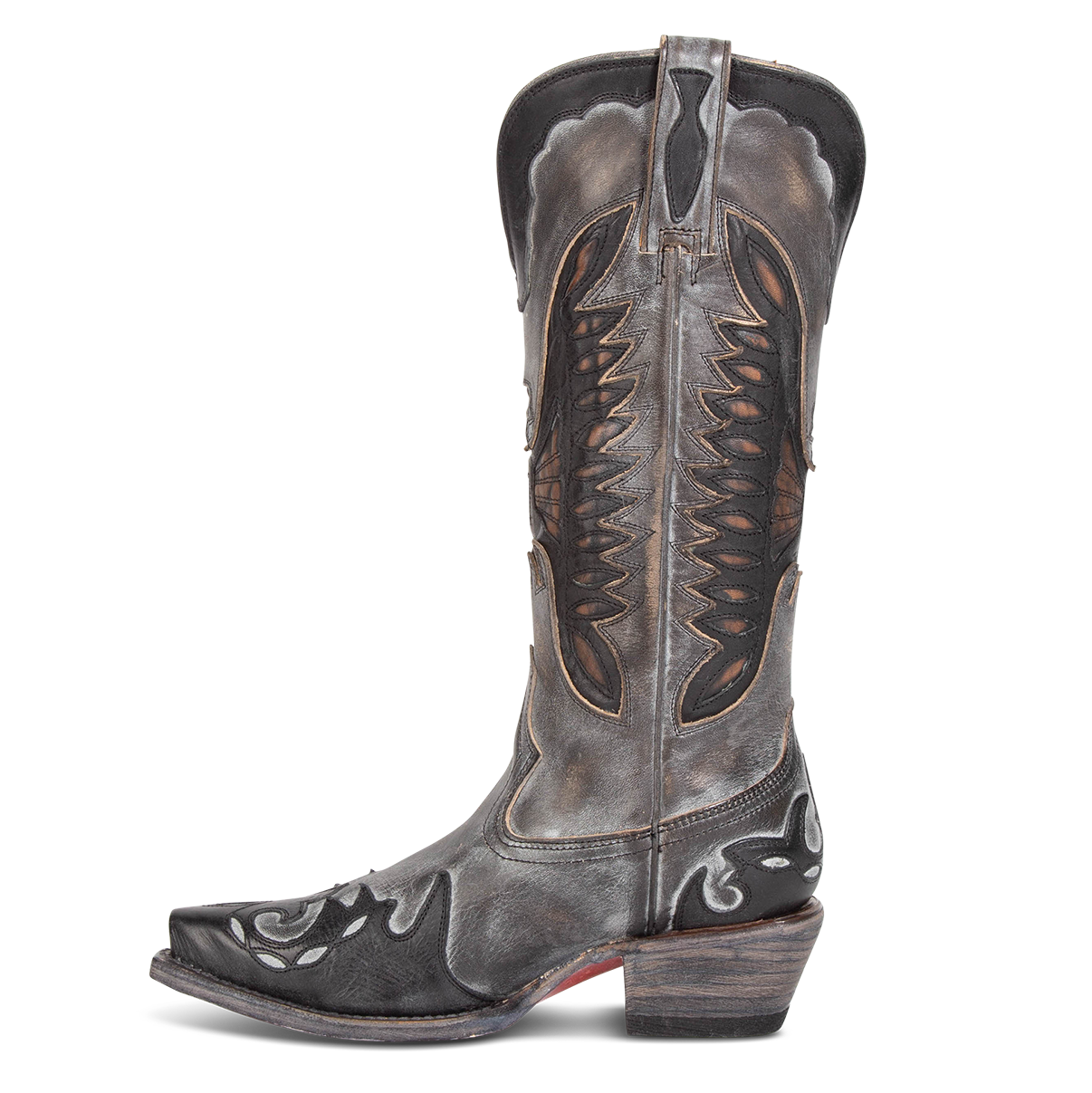 Side view showing textured design, stitch detailing and pull straps on FREEBIRD women's Willie ice multi western leather boot