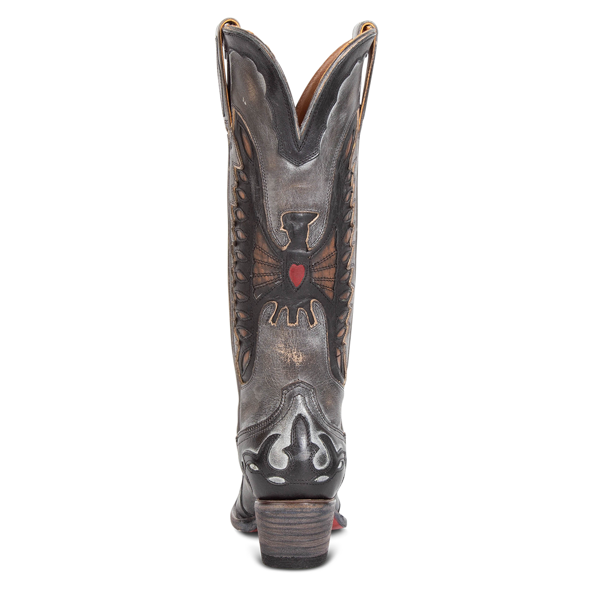 Back view showing textured bird design, stitch detailing and back dip on FREEBIRD women's Willie ice multi western leather boot