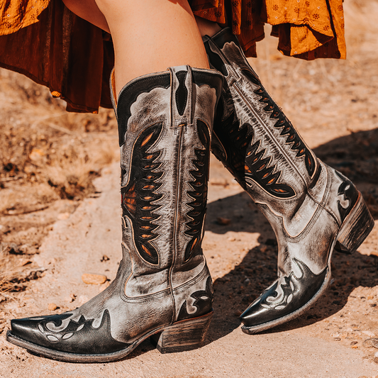 FREEBIRD women's Willie ice multi leather western boot with textured design, stitch detailing, and snip toe construction