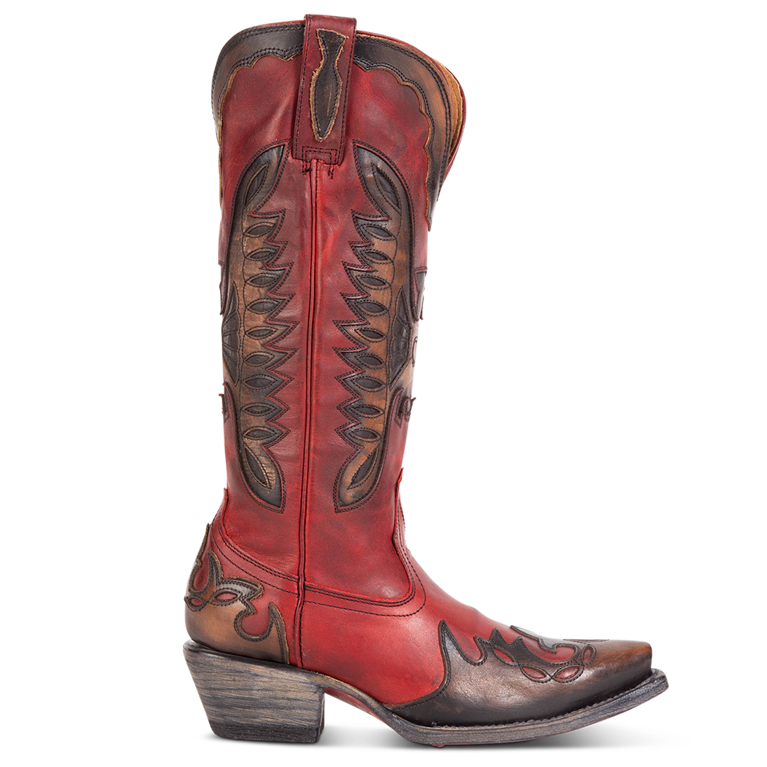 FREEBIRD women's Willie red multi leather western boot with textured design, stitch detailing, and snip toe construction