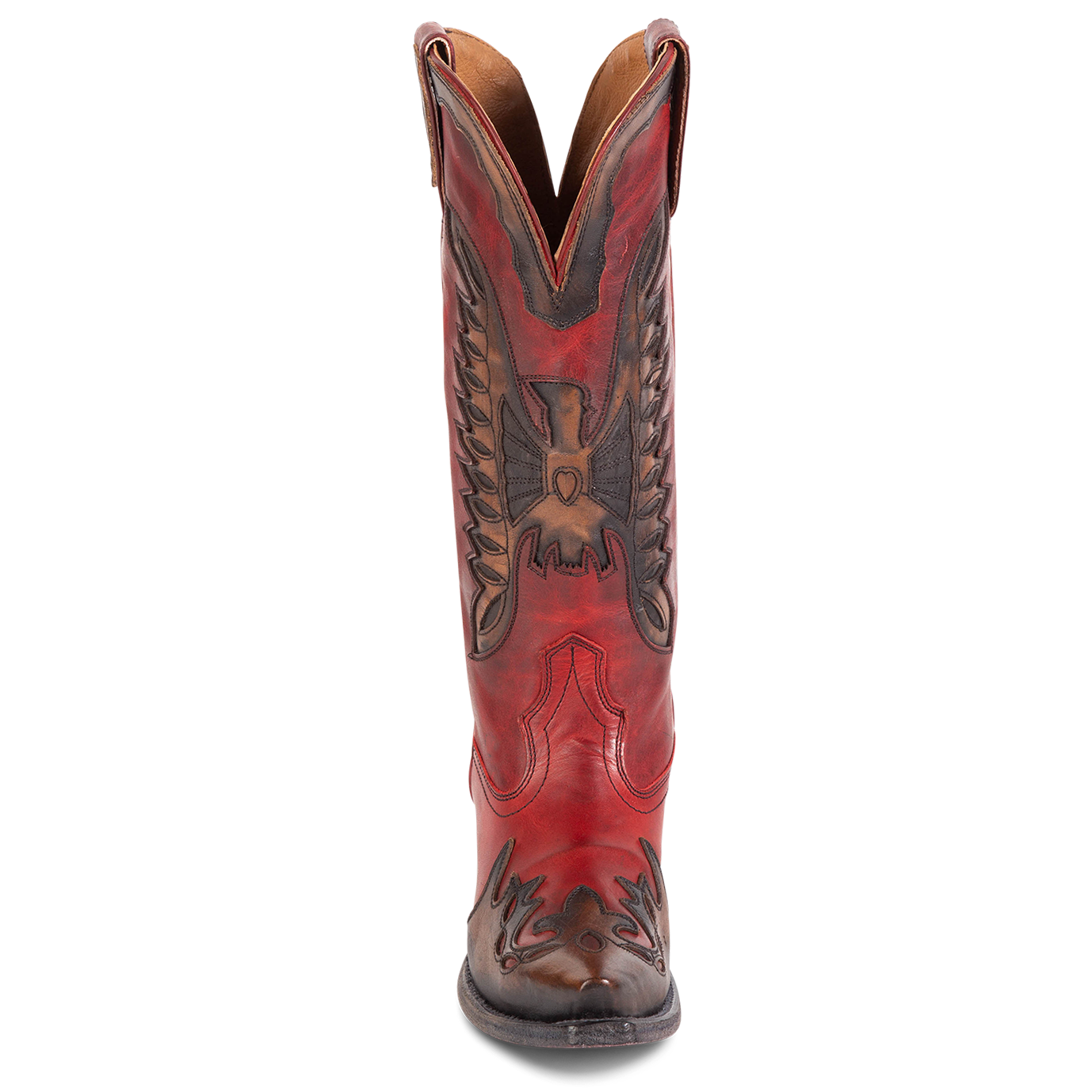 Front view showing textured bird design, stitch detailing and front dip on FREEBIRD women's Willie red multi western leather boot
