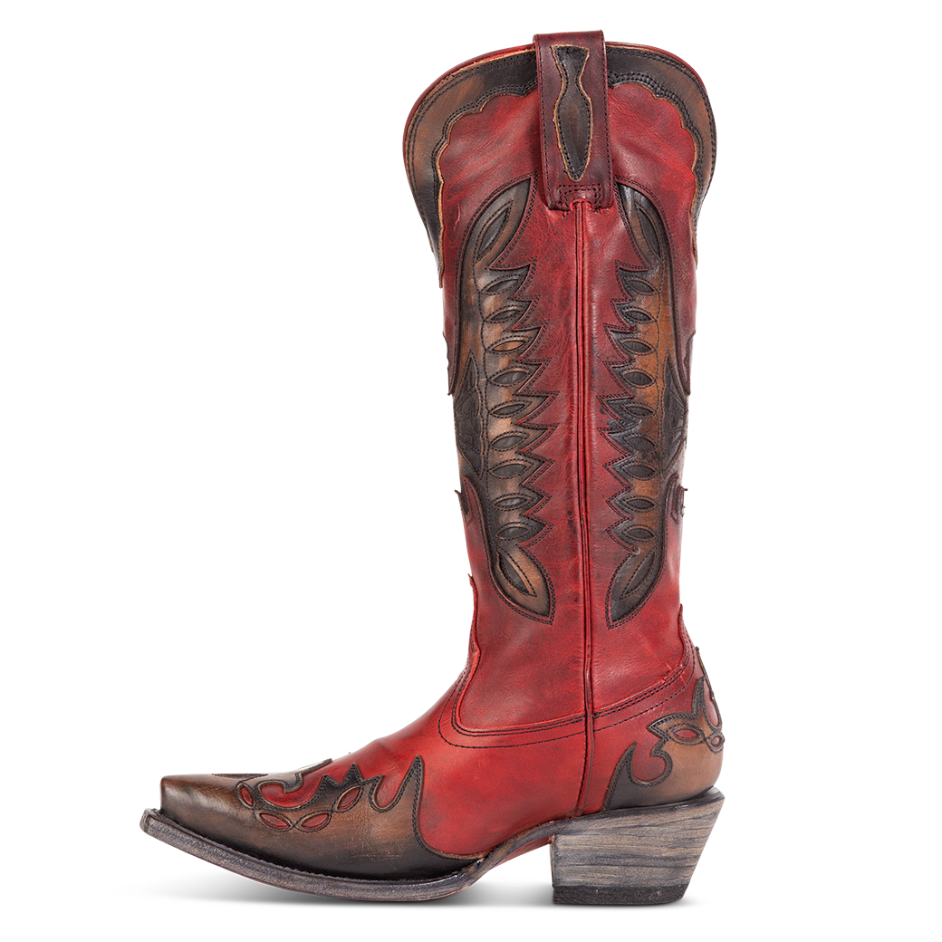 Side view showing textured design, stitch detailing and pull straps on FREEBIRD women's Willie red multi western leather boot