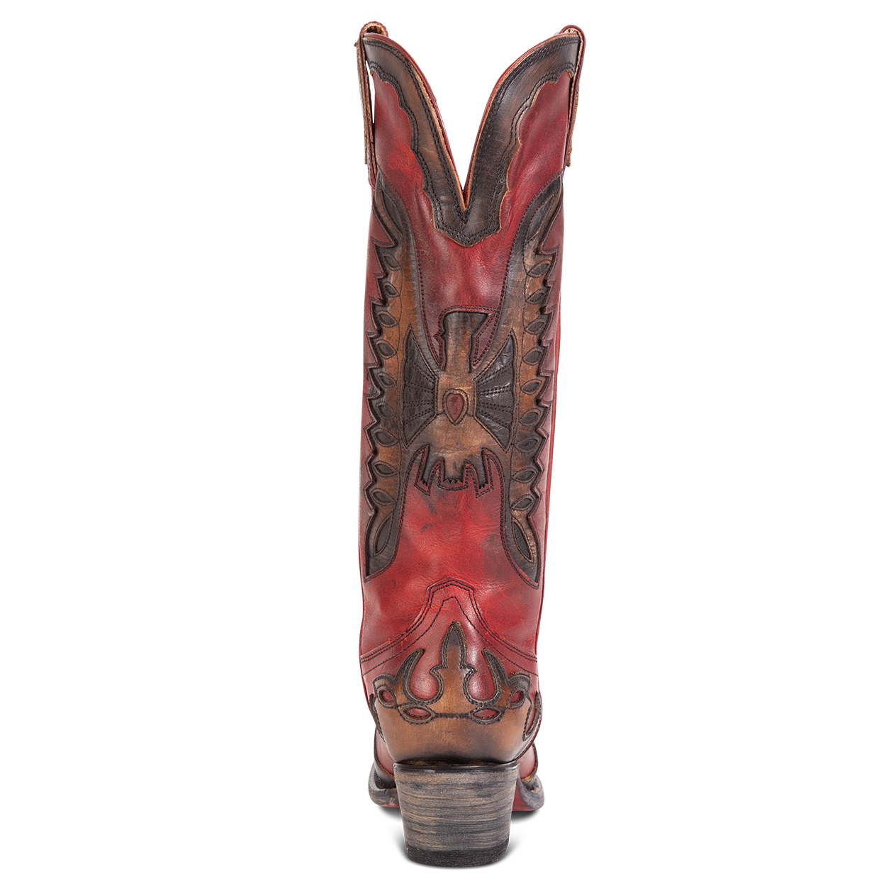 Back view showing textured bird design, stitch detailing and back dip on FREEBIRD women's Willie red multi western leather boot