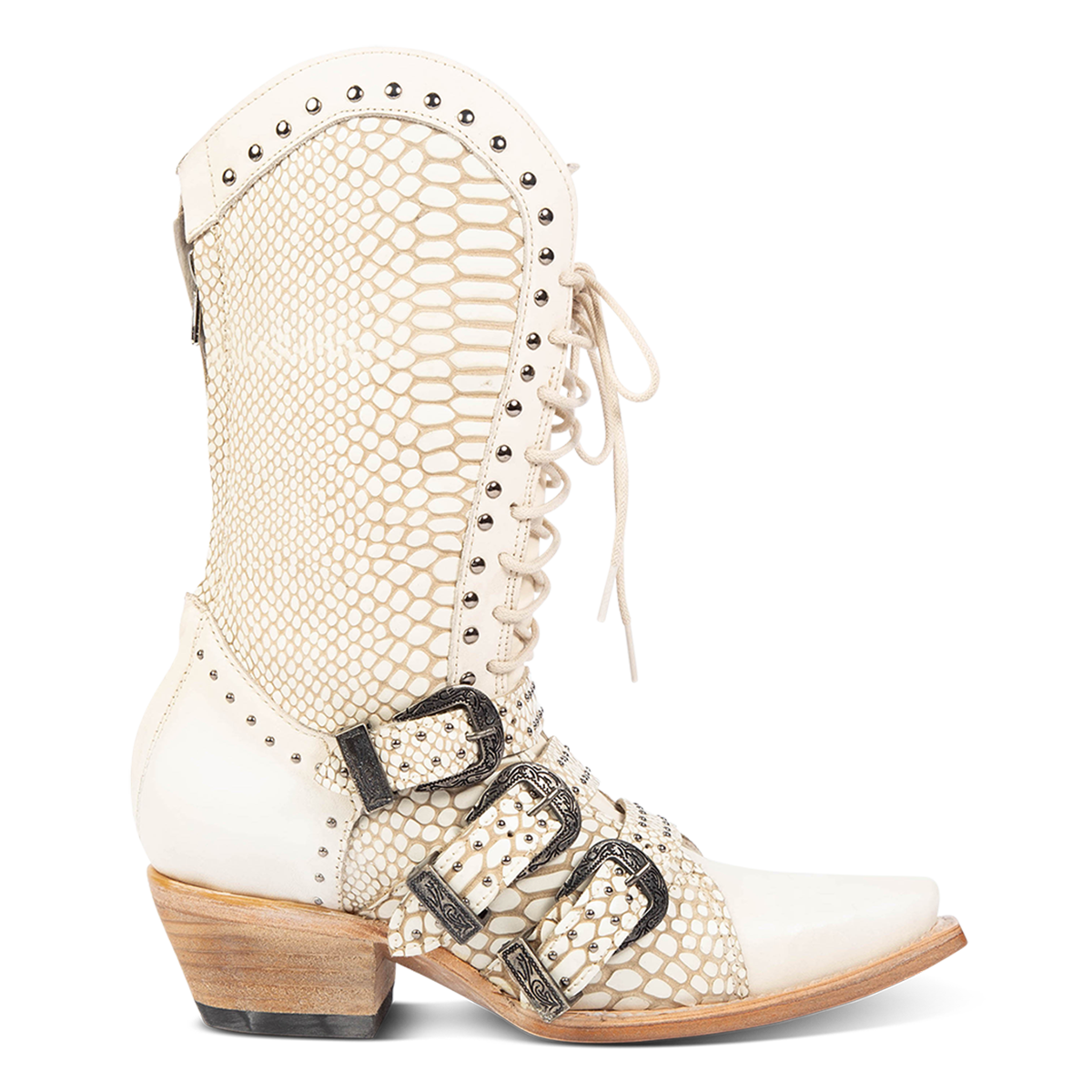 FREEBIRD women's Winnie white snake boot featuring a lace up shaft, leather accents, and a back brass zip closure