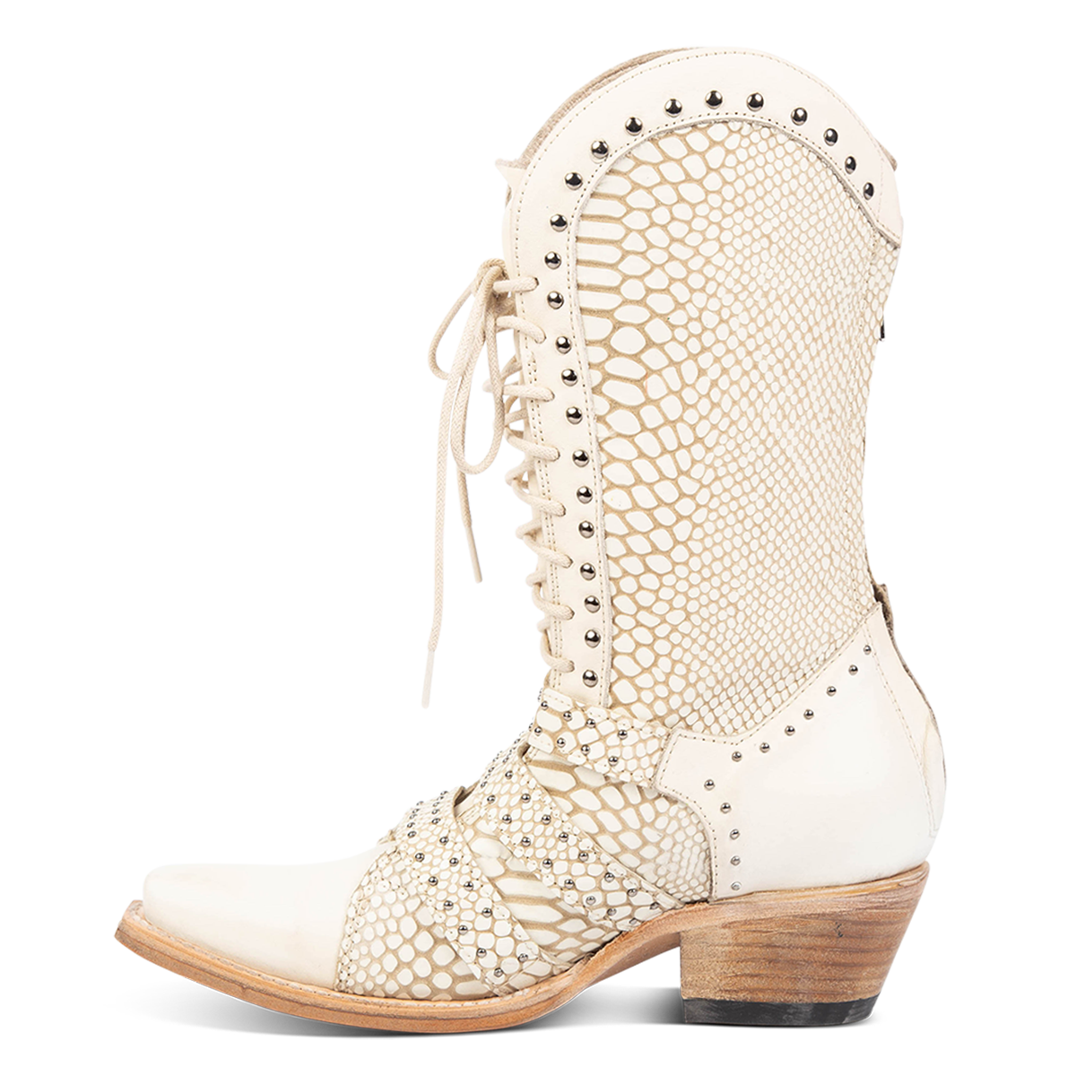 Inside view showing leather accents on FREEBIRD women's Winnie White Snake western boot