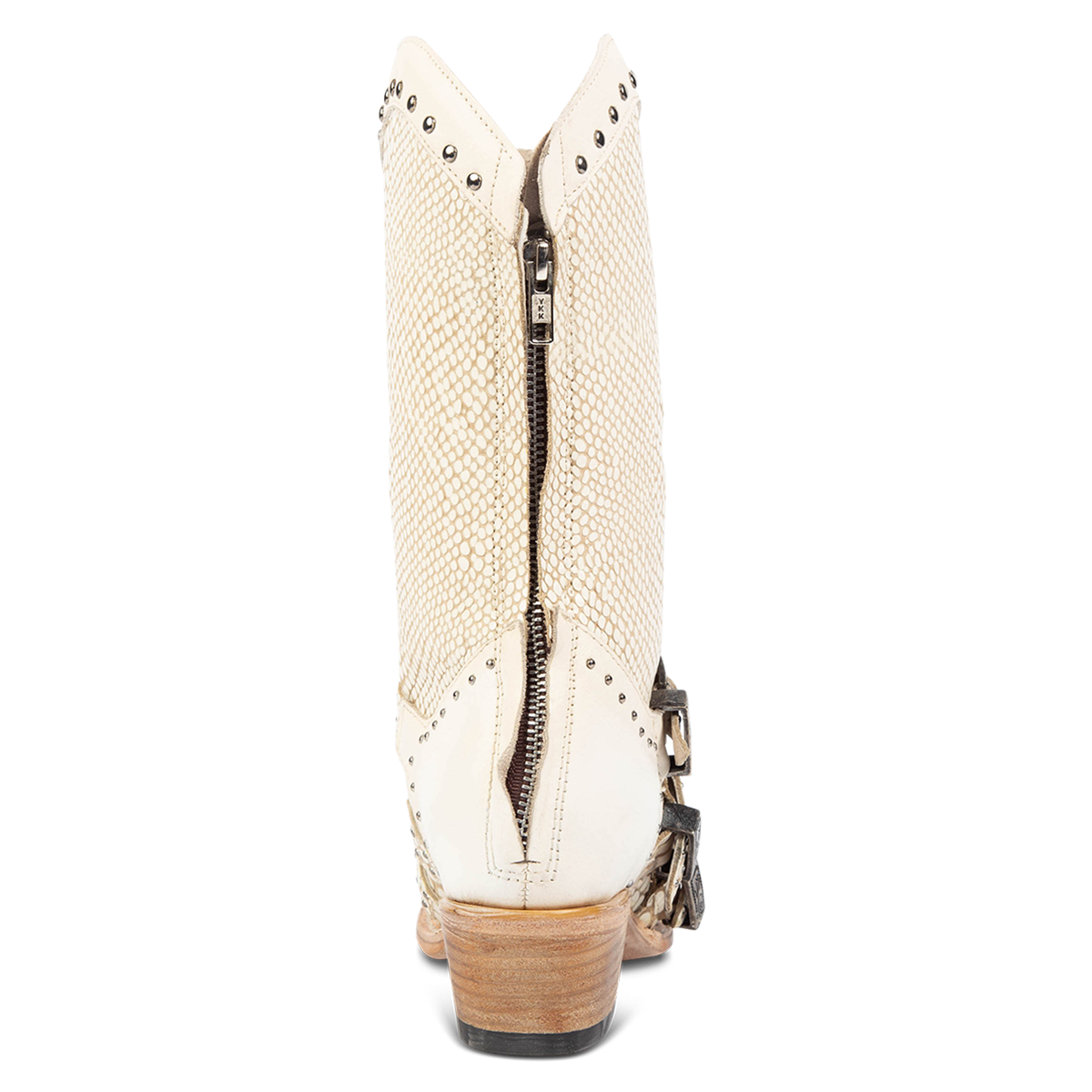 Back view showing brass zip closure and leather accents on FREEBIRD women's Winnie White Snake western boot