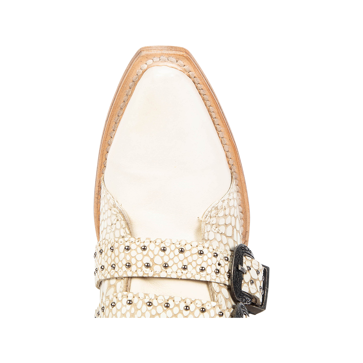 Top view showing snip toe on FREEBIRD women's Winnie White Snake western boot