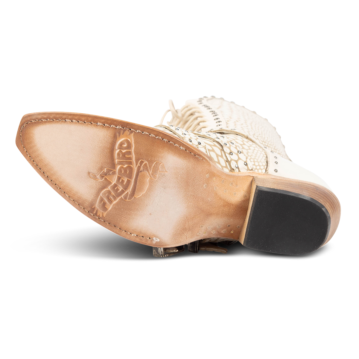 Leather sole imprinted with FREEBIRD on women's Winnie White Snake western boot