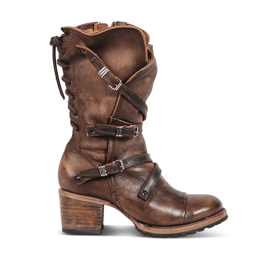 FREEBIRD women’s Cora brown slouchy back lacing leather boot with adjustable straps and buckles