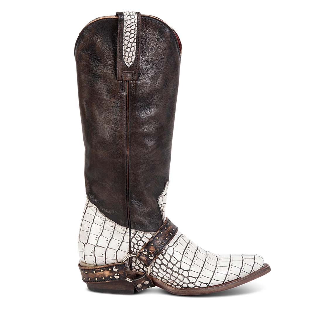 FREEBIRD women's Lusitano white croco multi western boot with embellished harness and snip toe