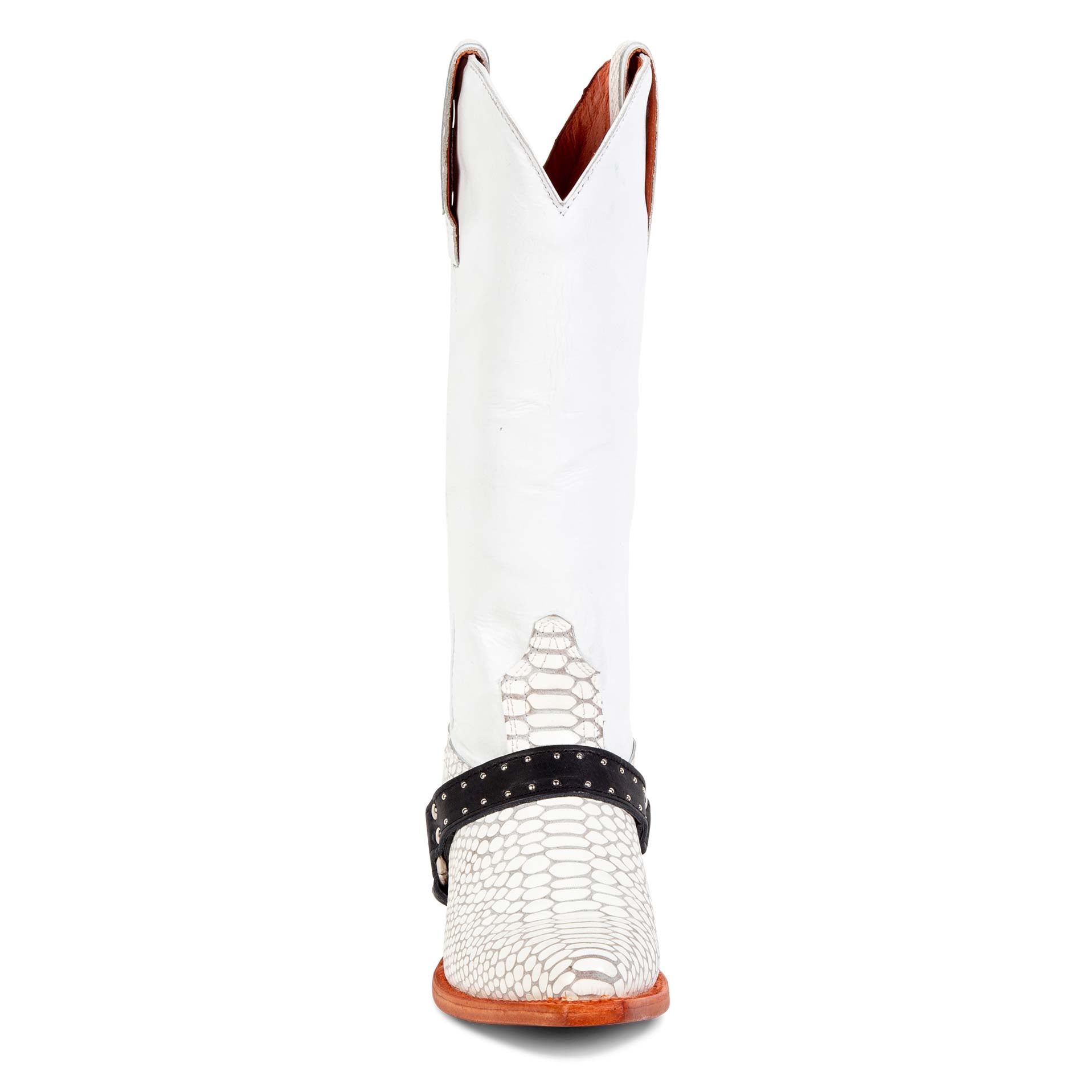 Front view showing scallop dip and leather harness with silver stud detailing on FREEBIRD women's Lusitano white snake boot