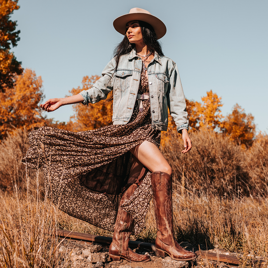 FREEBIRD women's Wonder brown tall leather western boot with stitch detailing and traditional snip toe construction lifestyle