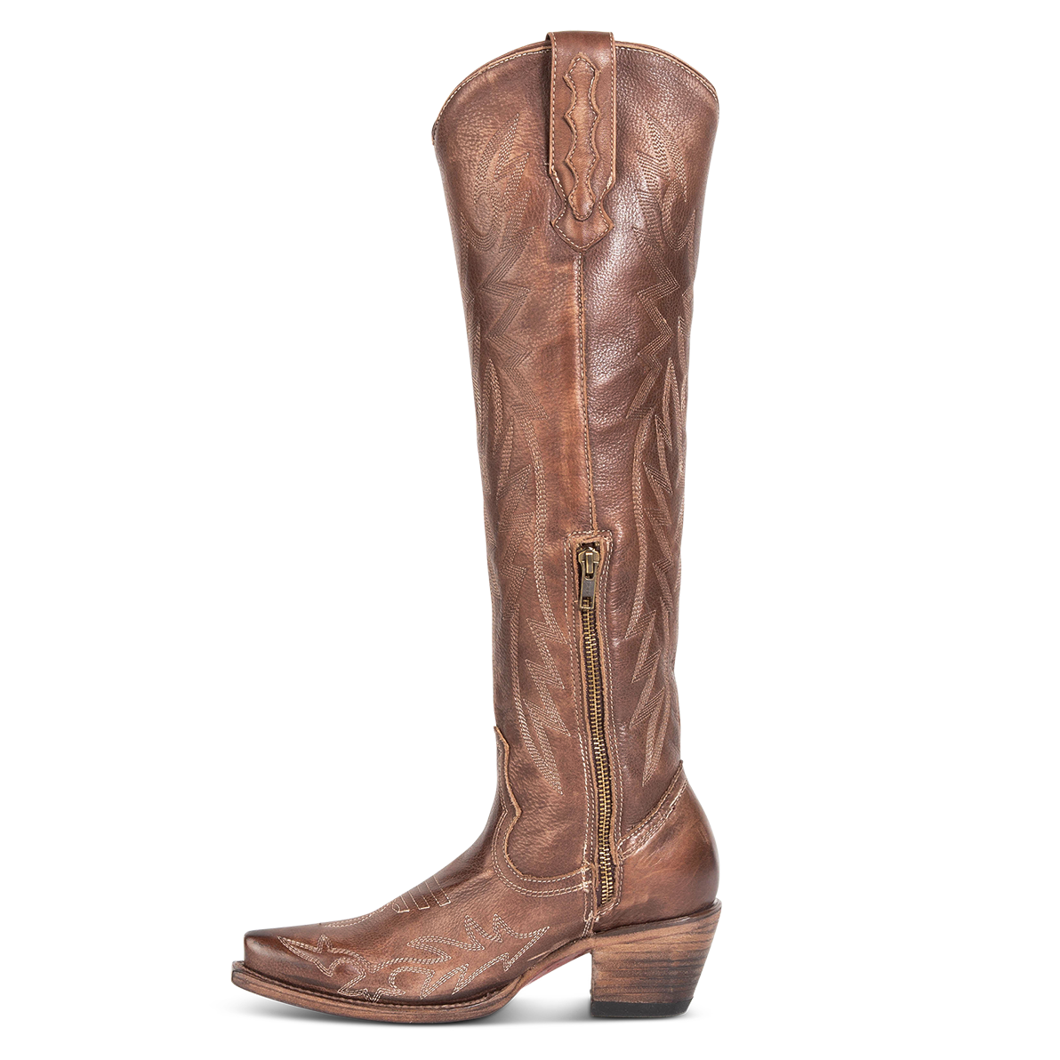 Inside view showing stitch detailing and zipper on FREEBIRD women's Wonder brown leather tall western boot
