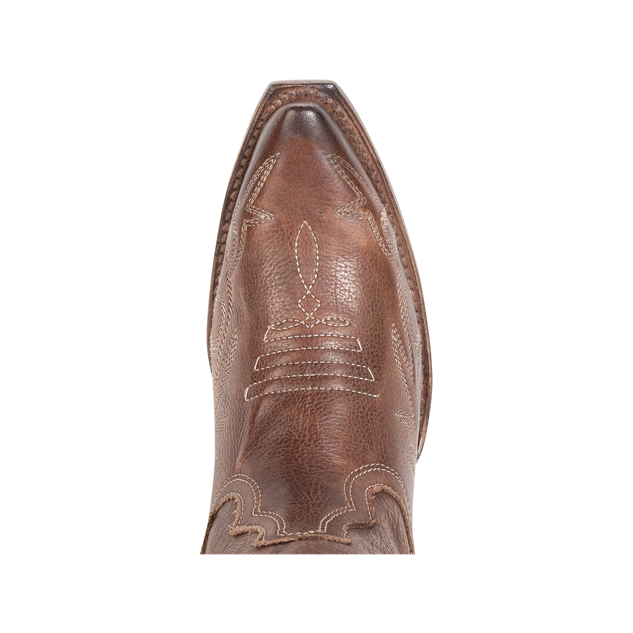 Top view showing snip toe with stitch detailing on FREEBIRD women's Wonder brown leather tall western boot