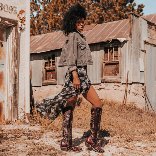 FREEBIRD women's Wonder wine tall leather western boot with stitch detailing and traditional snip toe construction lifestyle image