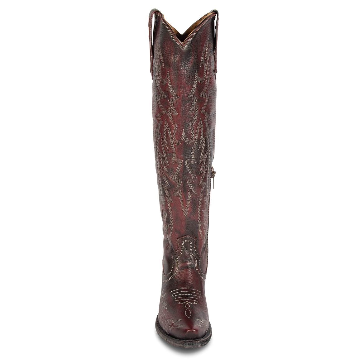 Front view showing tall shaft with stitch detailing on FREEBIRD women's Wonder wine leather tall western boot