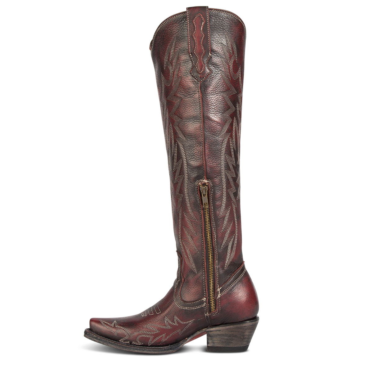 Inside view showing stitch detailing and zipper on FREEBIRD women's Wonder wine leather tall western boot