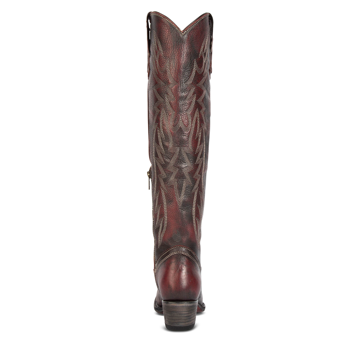 Back view showing wood heel and stitch detailing on FREEBIRD women's Wonder wine leather tall western boot