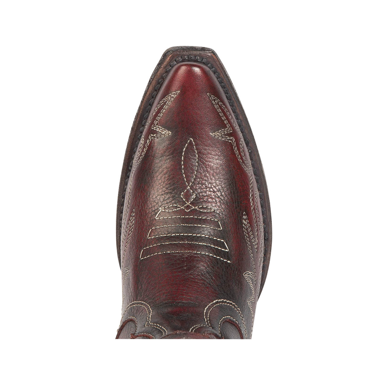 Top view showing snip toe with stitch detailing on FREEBIRD women's Wonder wine leather tall western boot