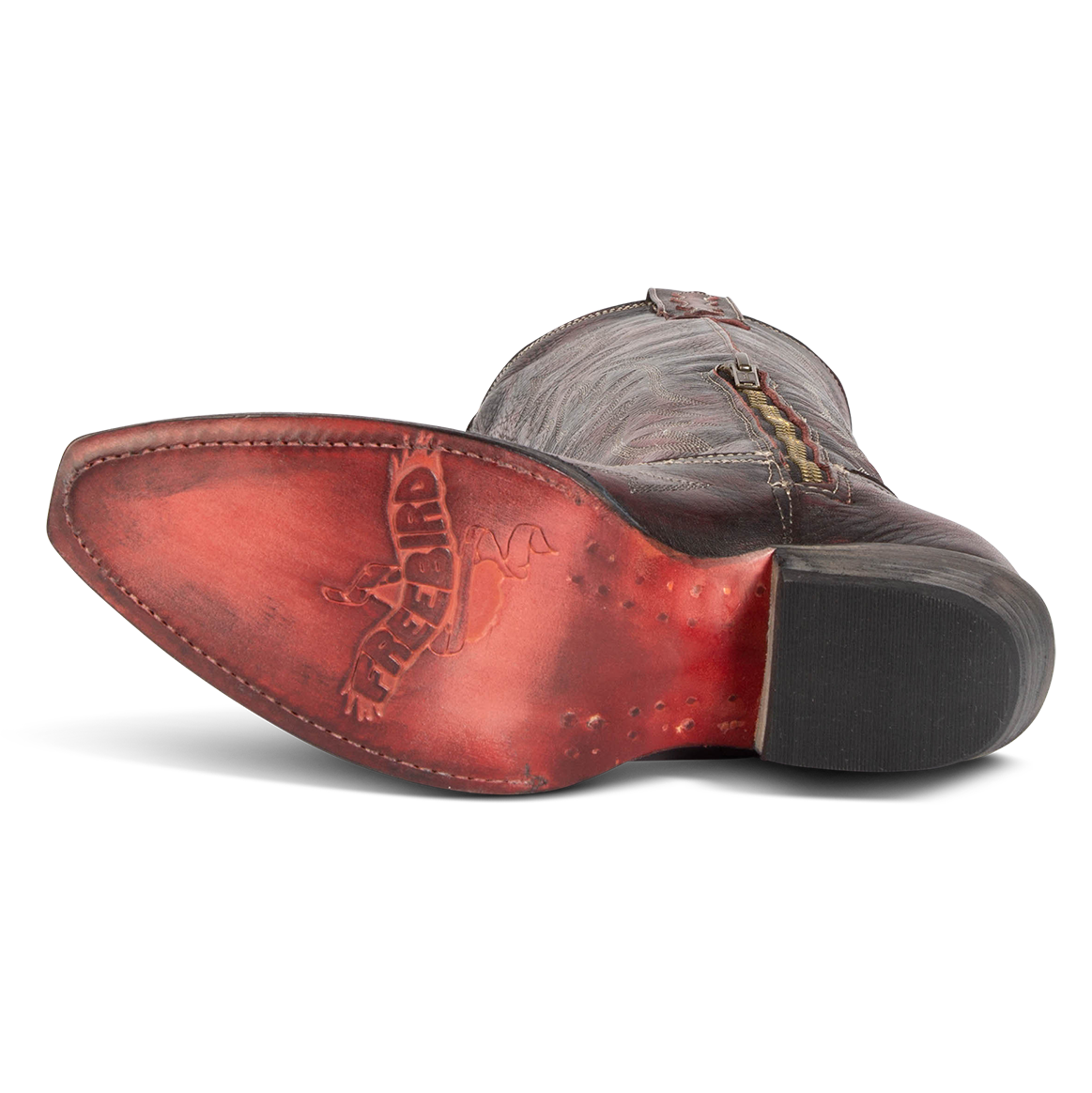 Leather sole imprinted with FREEBIRD on women's Wonder wine leather tall western boot