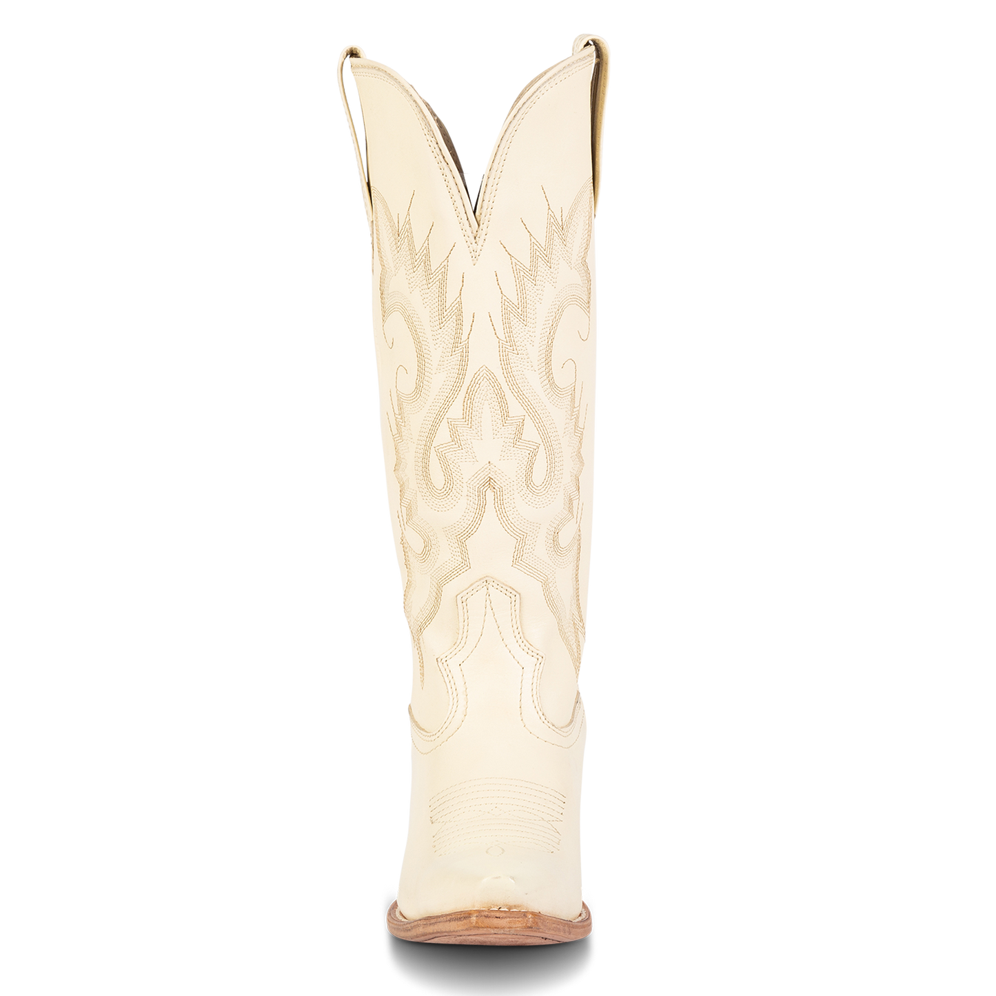 Front view showing western stitch detailing and  front dip on FREEBIRD women's Woodland beige leather boot