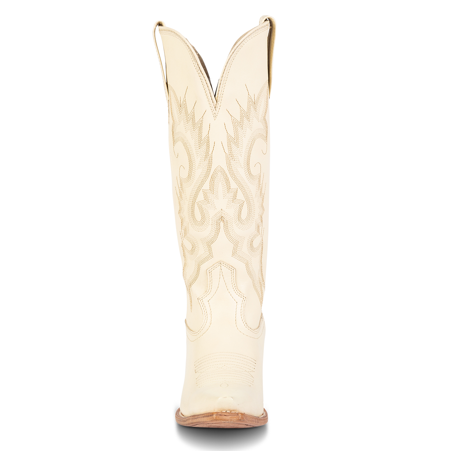 Front view showing western stitch detailing and  front dip on FREEBIRD women's Woodland beige leather boot