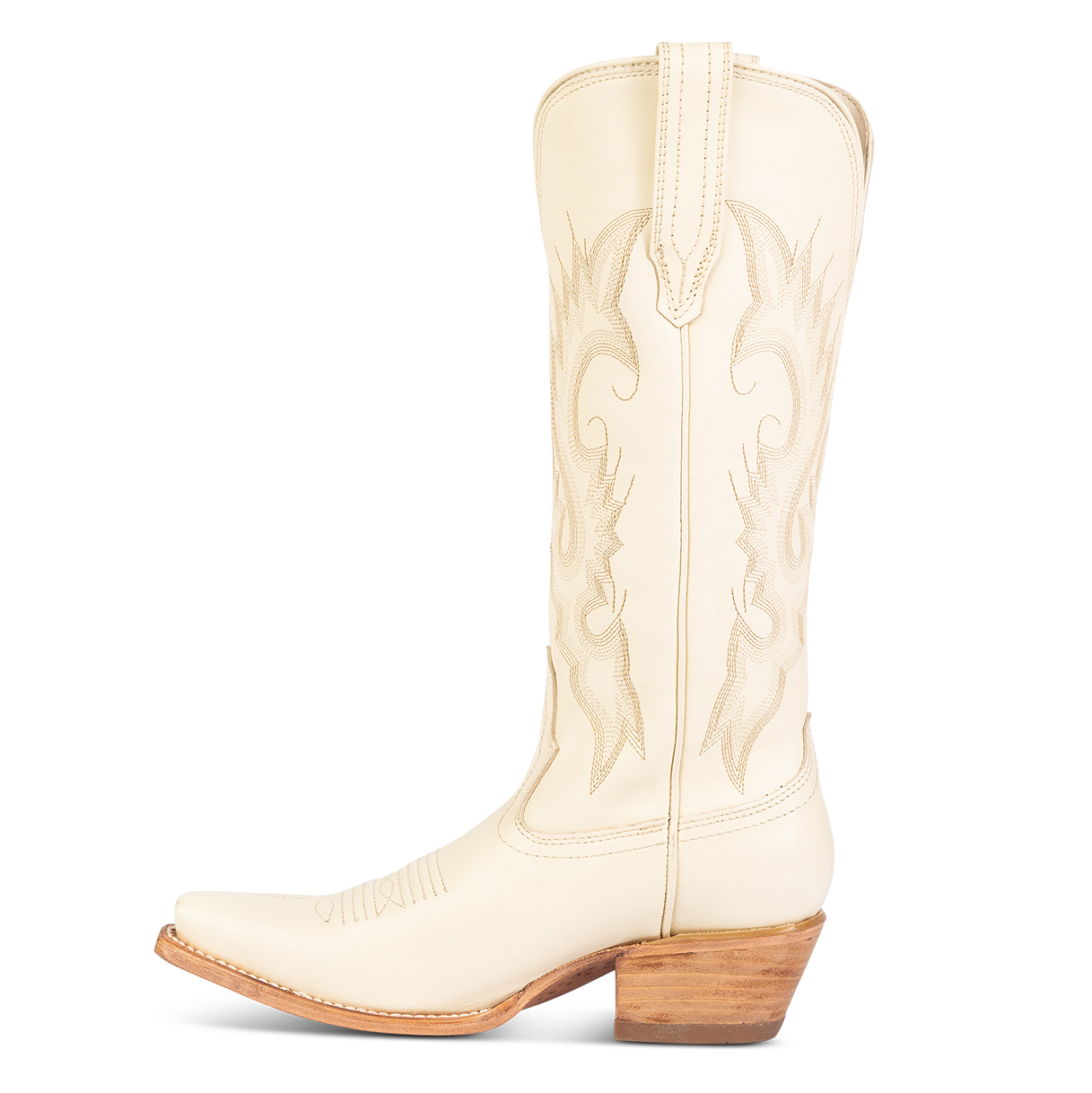 Side view showing leather pull straps and western stitch detailing on FREEBIRD women's Woodland beige leather boot