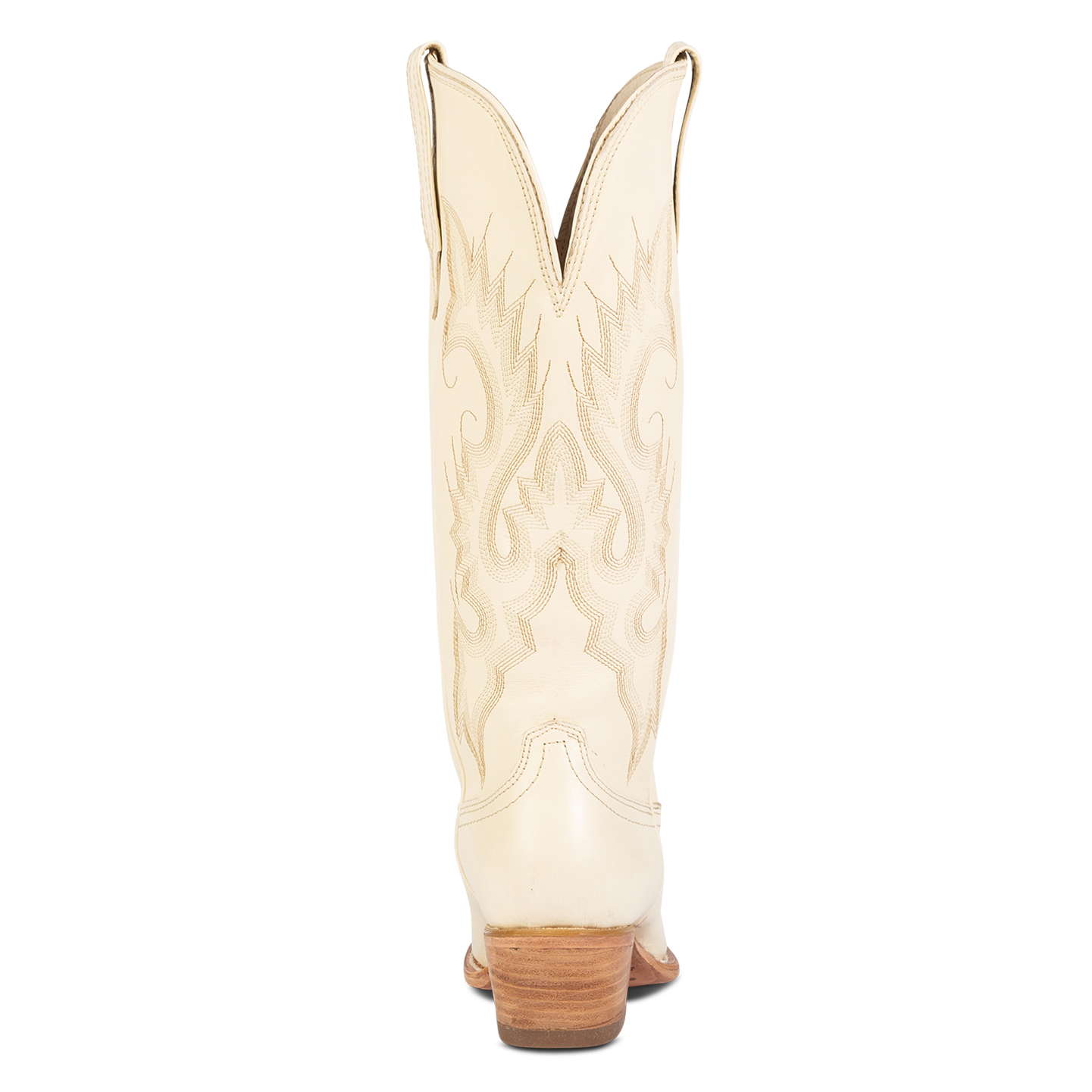 Back view showing back dip and leather heel with western stitch detailing on FREEBIRD women's Woodland beige leather boot