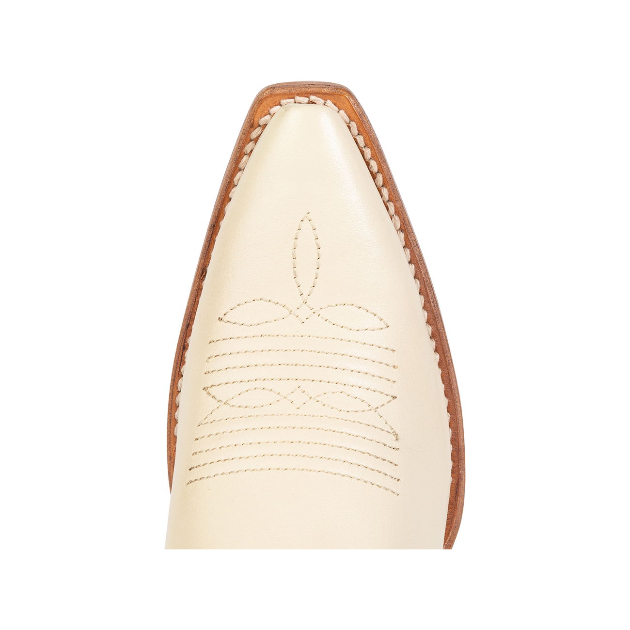 Top view showing snip toe construction with stitch detailing on FREEBIRD women's Woodland beige leather boot 