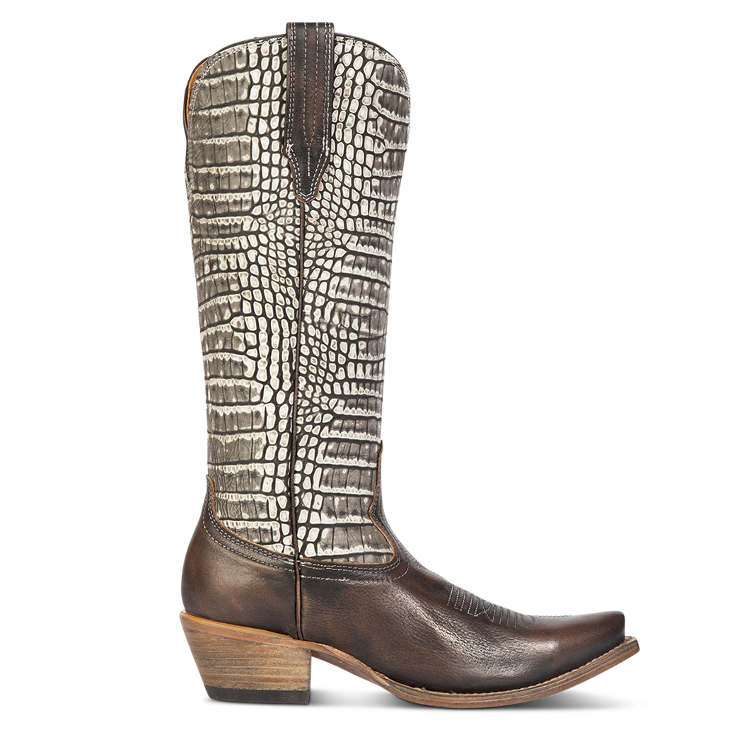 FREEBIRD women's Woodland black multi croco leather cowboy boot with stitch detailing and snip toe construction