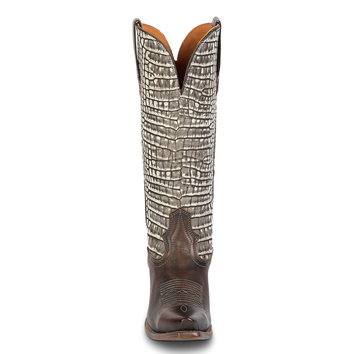 Front view showing western stitch detailing and front dip on FREEBIRD women's Woodland black croco multi leather boot