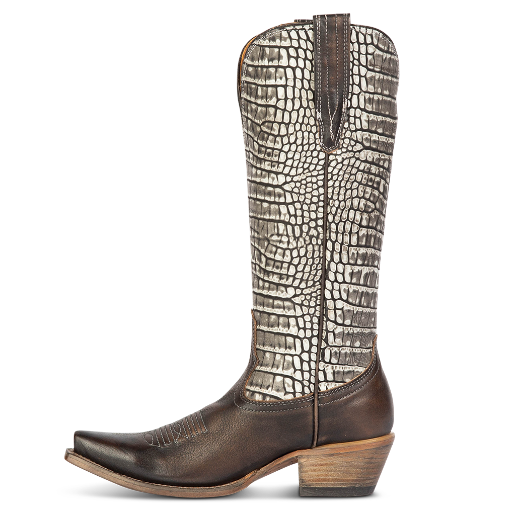 Side view showing leather pull straps and western stitch detailing on FREEBIRD women's Woodland black croco multi leather boot