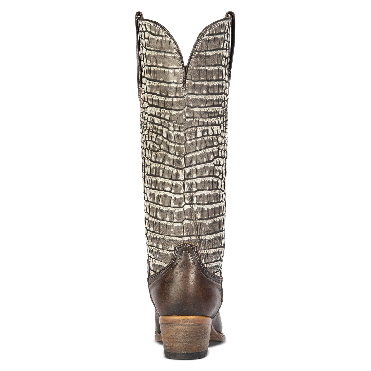 Back view showing back dip and leather heel with western stitch detailing on FREEBIRD women's Woodland black croco multi leather boot