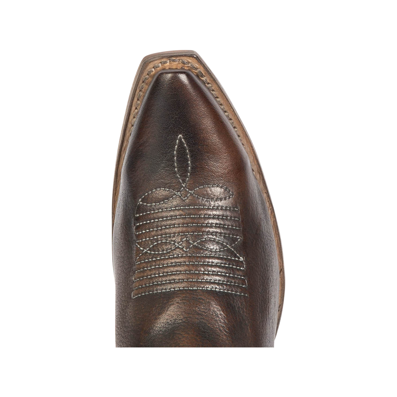 Top view showing snip toe construction with stitch detailing on FREEBIRD women's Woodland black croco multi leather boot
