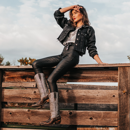 FREEBIRD women's Woodland black multi croco leather cowboy boot with stitch detailing and snip toe construction lifestyle
