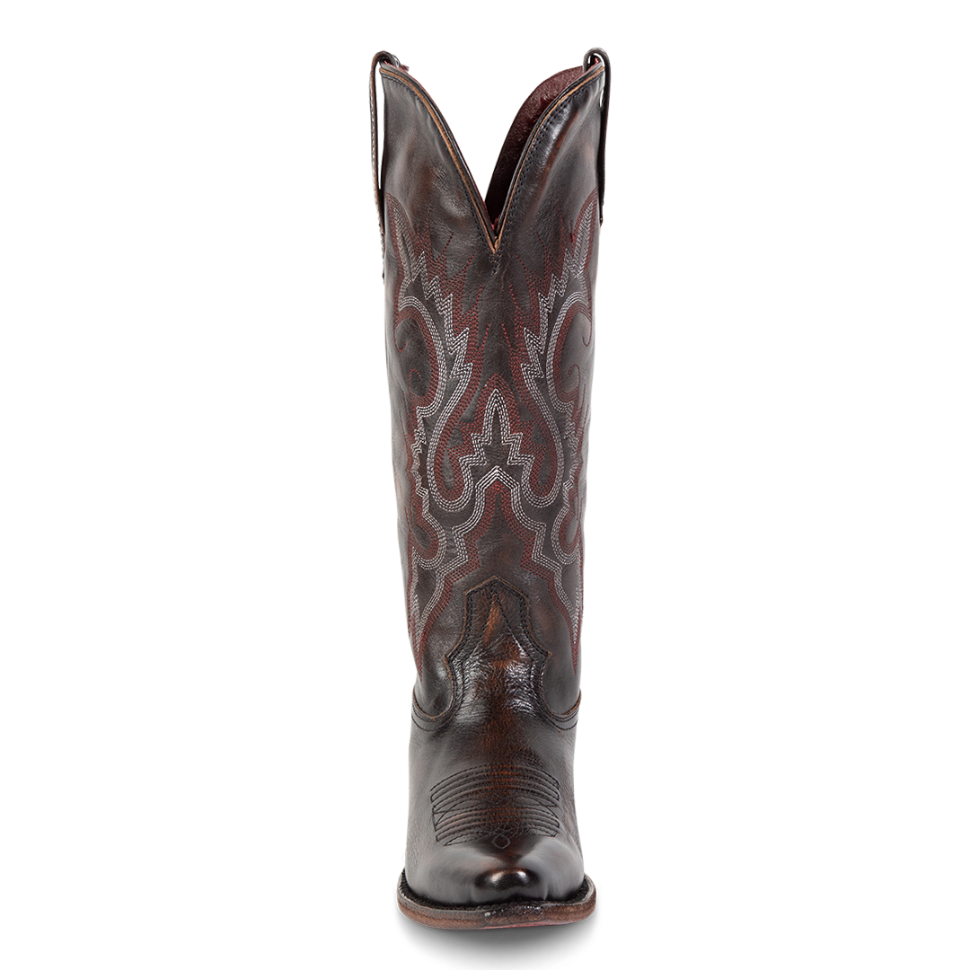 Front view showing western stitch detailing and front dip on FREEBIRD women's Woodland black leather boot