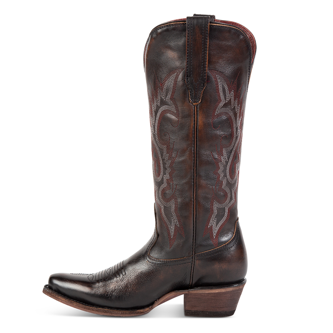 Side view showing leather pull straps and western stitch detailing on FREEBIRD women's Woodland black leather boot