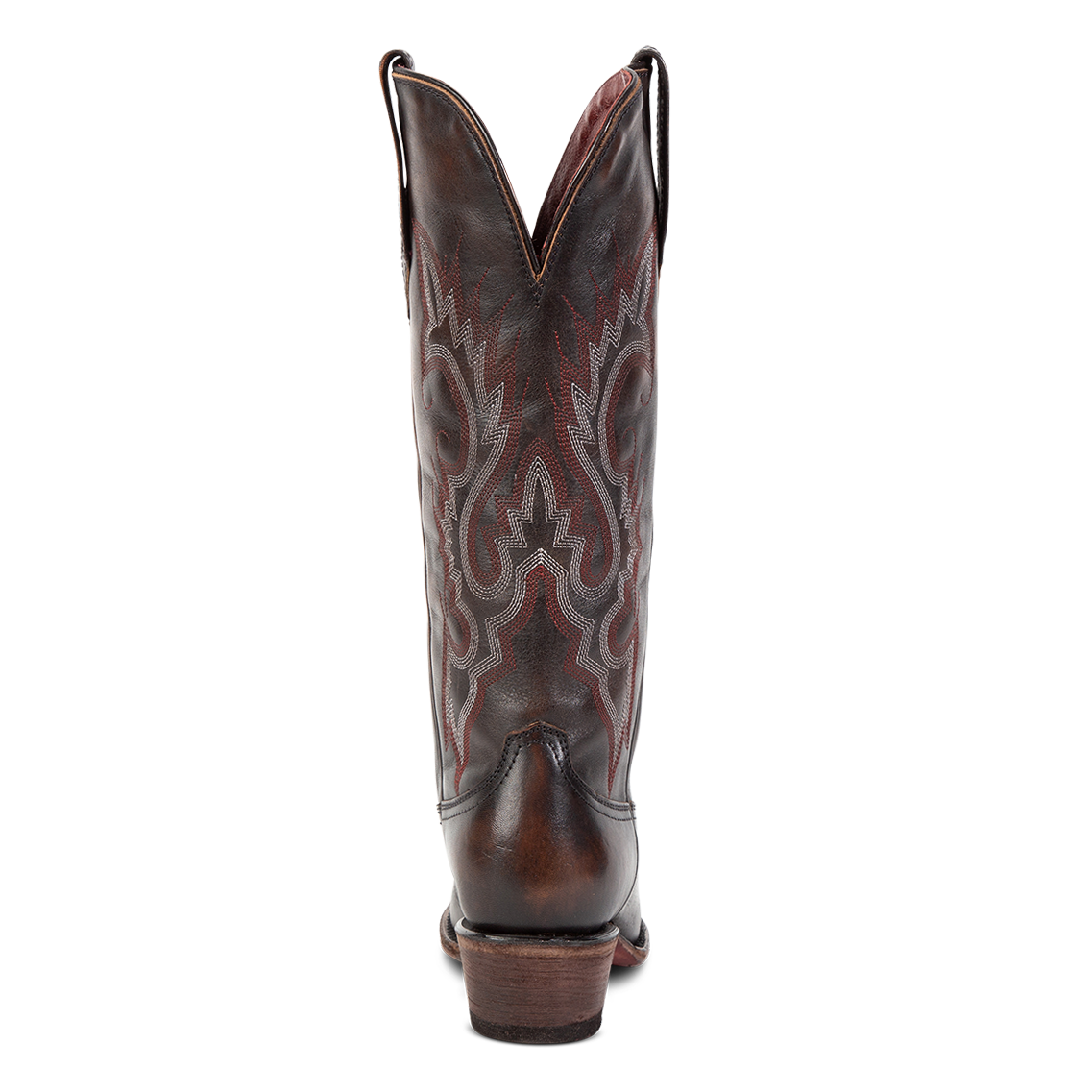 Back view showing back dip and leather heel with western stitch detailing on FREEBIRD women's Woodland black leather boot
