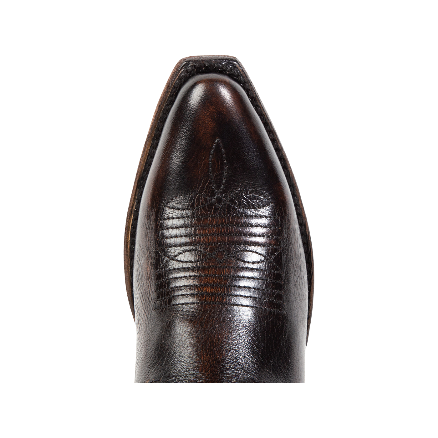 Top view showing snip toe construction with stitch detailing on FREEBIRD women's Woodland black leather boot