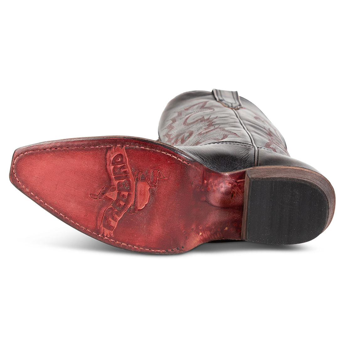 Leather sole imprinted with FREEBIRD on women's Woodland black leather boot