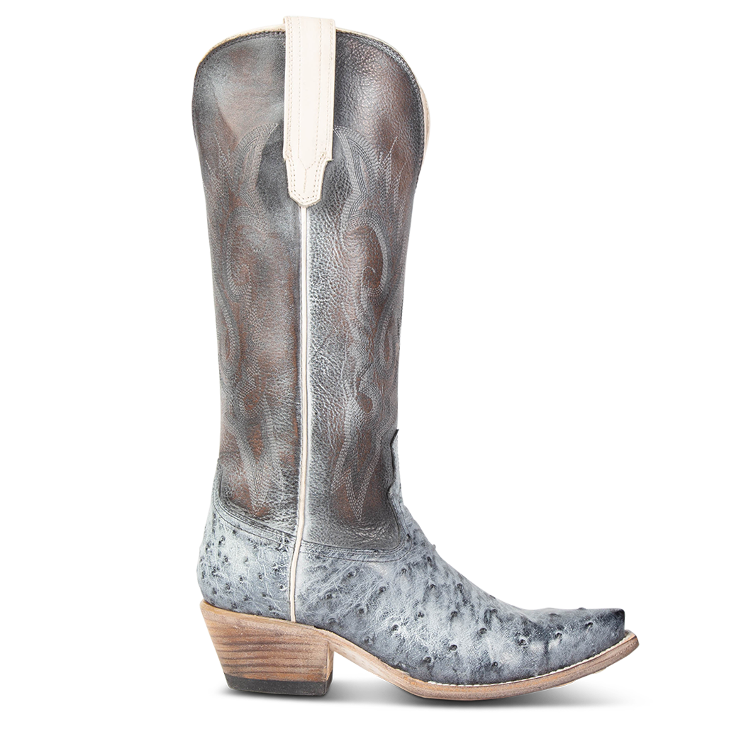 FREEBIRD women's Woodland ice ostrich leather cowboy boot with stitch detailing and snip toe construction