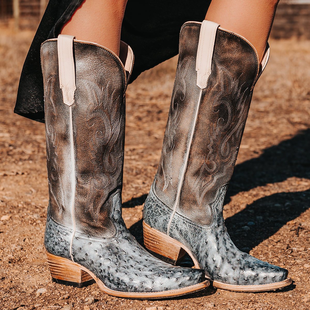 FREEBIRD women's Woodland ice ostrich leather cowboy boot with stitch detailing and snip toe construction